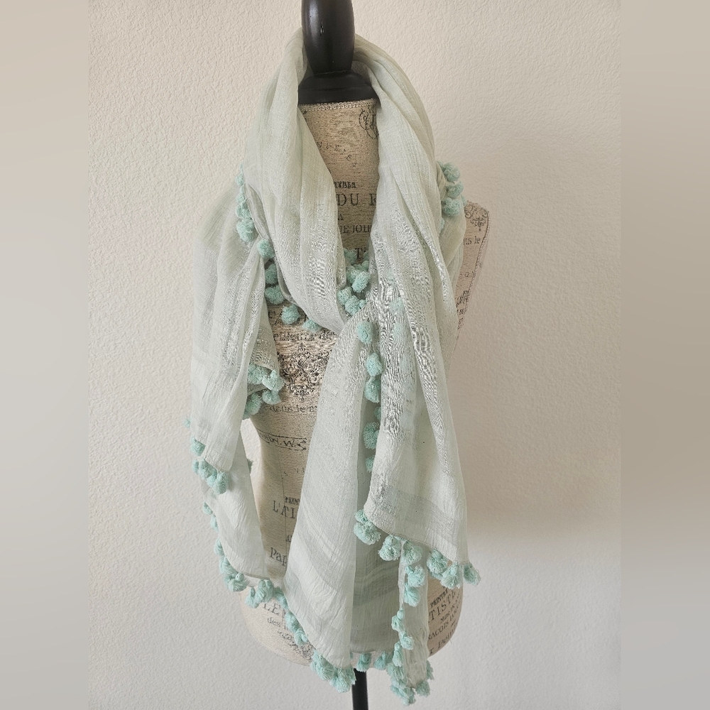 La Fiorentina NWT Silk & Cotton Mint Green Scarf Luxury Gauze Wrap  Pom Tassel